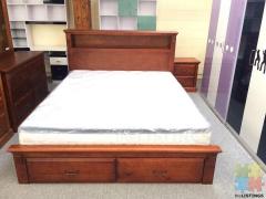 Brand New Queen Bed Solid Pine Wood with 2 Underneath Drawers and Shelf on Headboard