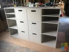 Painted large 12 cube storage unit with 6x wooden boxes