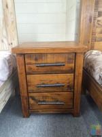 Brand New 3 Drawer Bedside Table Solid Pine Wood Rustic Rough Saw Finish - Woodlock