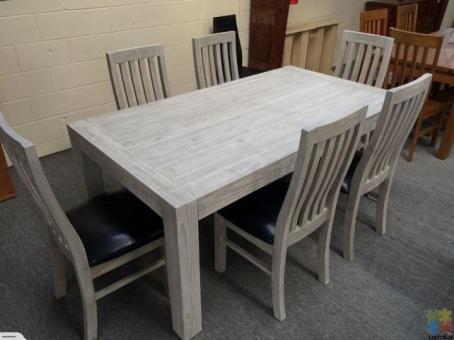Brand New 7PCS Dining Suite 1.8m Table with 6 Chairs --- Gloria Style Solid Acacia Wood White