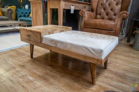 Mid Century Phone Bench With Cowhide