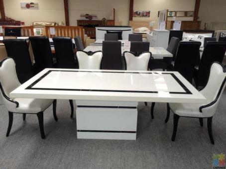 Brand New 1.8M Long White and Black Marble Table with 6 x Chairs